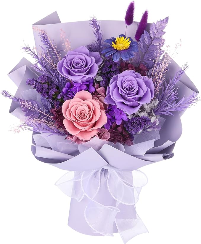 Flowers for Delivery Prime, Mothers Day Gifts for Mom, Preserved Flower Bouquet, Purple Roses Birthday Gifts for Women Her Wife Girlfriend Grandma, Real Forever Flower for Valentines Day Anniversary