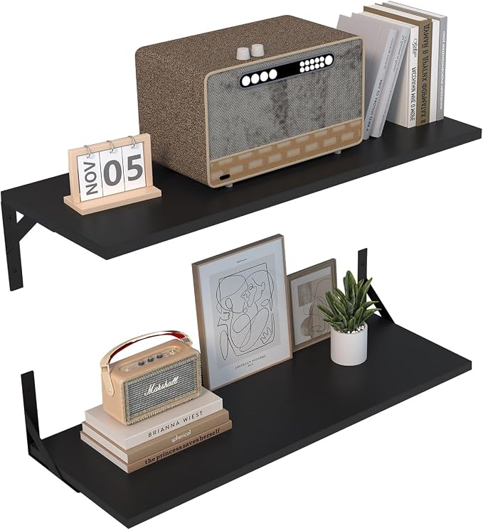 Large Wall Shelves, 31.5" W x 12" D Long Floating Shelves Set of 2, Wide Display Wood Shelf Wall Mounted with Heavy-Duty Metal Brackets for Bedroom Books, Living Room, Kitchen, Black