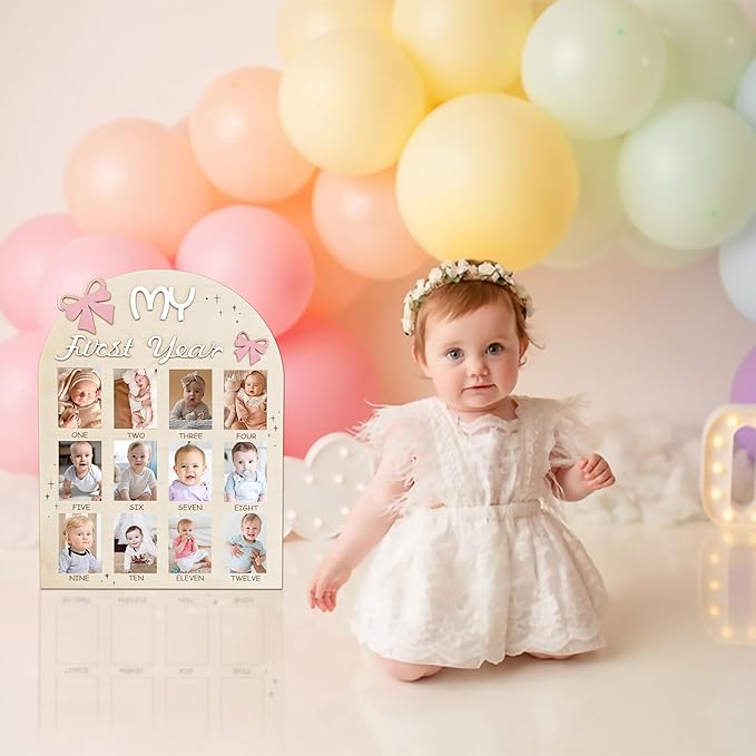 Aukolass Bow One Year of Photo Board, My First Year Photo Photo Board 12 Monthly Milestones Picture Frame for Baby Girl 1st Birthday Decorations (pink) (2" x 3")