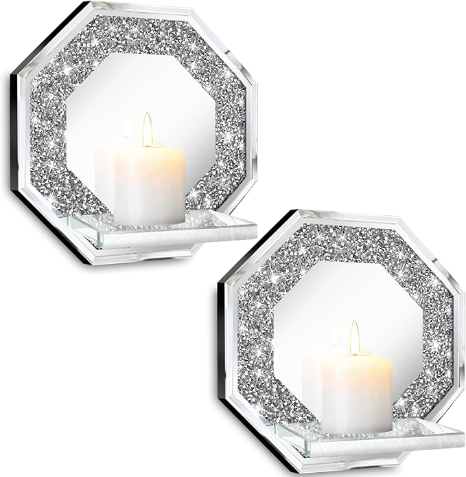 ZOLAPI Crystal Crush Diamond Wall Candle Holder Set of 2, Octagon Silver Mirrored Candle Sconces, Home Wall Decoration for Living Room, Dining Room & Bedroom.