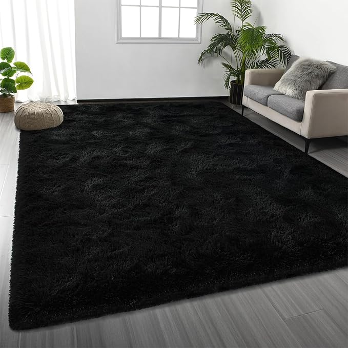 Deerhoo Large Shag Area Rugs 9 x 12, Plush Fuzzy Rugs for Living Room, Ultra Soft Fluffy Furry Rug for Bedroom, Indoor Carpet Nursery Rugs for Kids Room Home Decor, Black