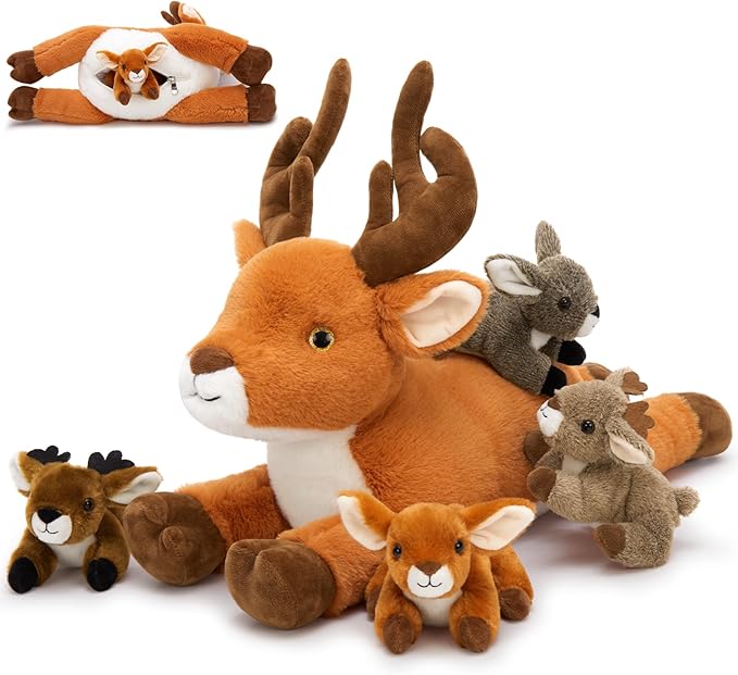 MorisMos 5 Pcs Large Deer Stuffed Animal, 18inch Mommy Deer Plush with 4 Fawns, Soft Fawn Plush Toys Gifts for Kids, Girls, Boys