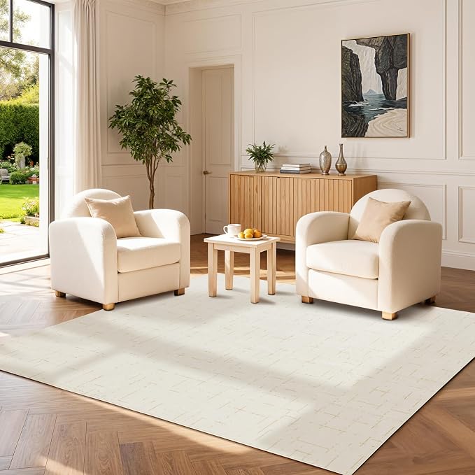 LIANLAM Washable Rug Area Rugs for Living Room - Stain Resistant Non-Slip Backing Boho Rug for Bedroom,Durable & Ultra-Thin Vintage Large Area Rug(4' x 6',White)