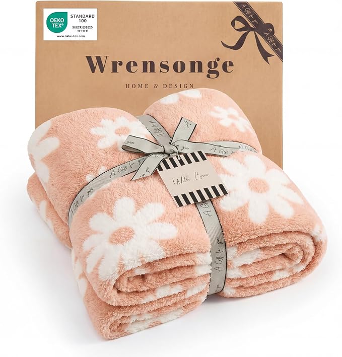 WRENSONGE Soft Throw Blanket for Couch-Cozy Reversible Knitted Blankets | Lightweight Warm Fluffy Decor for Women, Mom, Her & Girls, Sofa, Chair, Bed, 50x70in,Daisy Floral Peach Orange