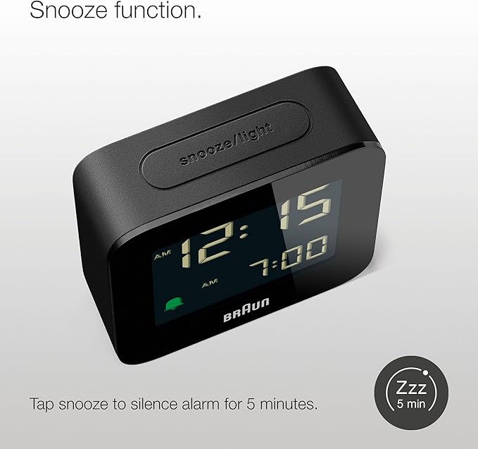 Braun Digital Travel Alarm Clock with Snooze, Compact Size, Negative LCD Display, Quick Set, Crescendo Beep Alarm in Black, Model BC08B (1-Pack)