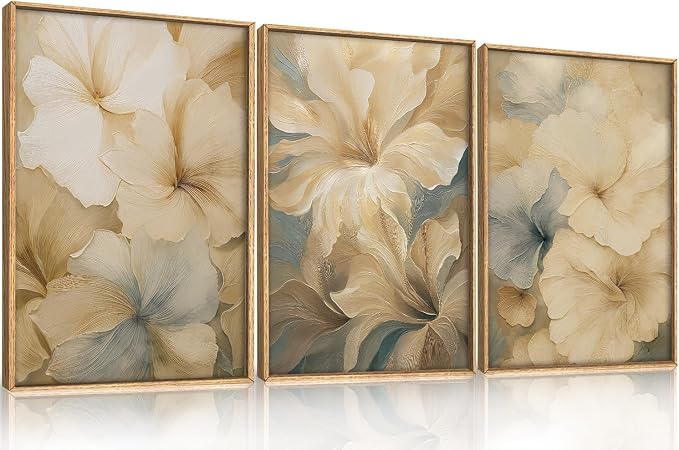 KAIRNE Neutral Beige Flower Framed Canvas Wall Art Set, Modern Magnolia Floral Wall Decor,Aesthetic Warm Wildflower Art Prints,Boho Botanical Artwork for Living Room,Bedroom,Farmhouse,Office-24"x36"x3