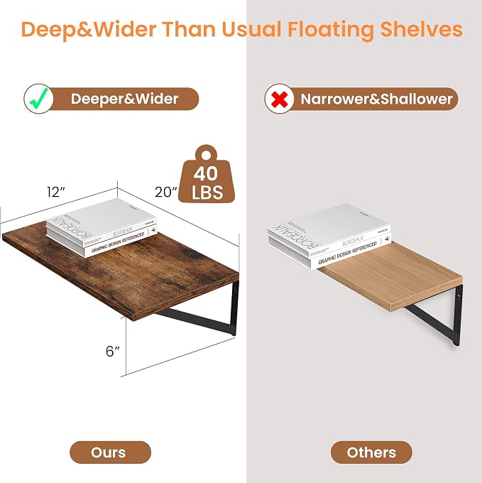 Heimlove Deep Floating Shelves for Wall, 20W x 12D Wood Wall Shelves Set of 2, Wide Floating Bookshelf for Living Room, Kitchen, Office, Bedroom and Decor Storage, with Metal Bracket - Rustic Brown