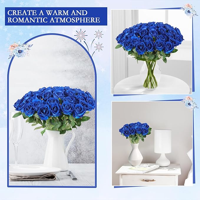Hananona 50 Artificial Roses in Bulk, Fake Silk Roses Realistic Blue Roses for Wedding Centerpieces Flower Arrangement Home Decor (50, Blue)