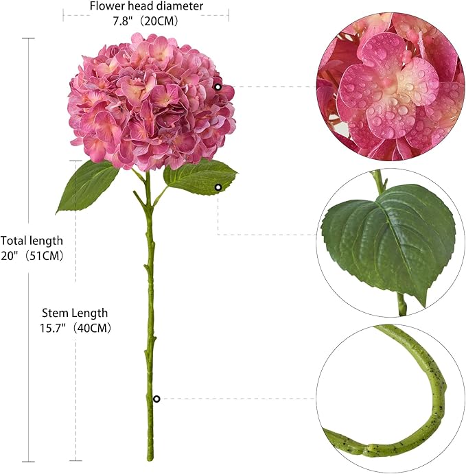 ZYTUYO 20" Real Touch Magenta Hydrangeas 4PCS Artificial Hydrangeas Latex Faux Flowers with Long Stem for Spring Living Room Home Table Centerpiece Kitchen Wedding Party Xmas Floral Decoration