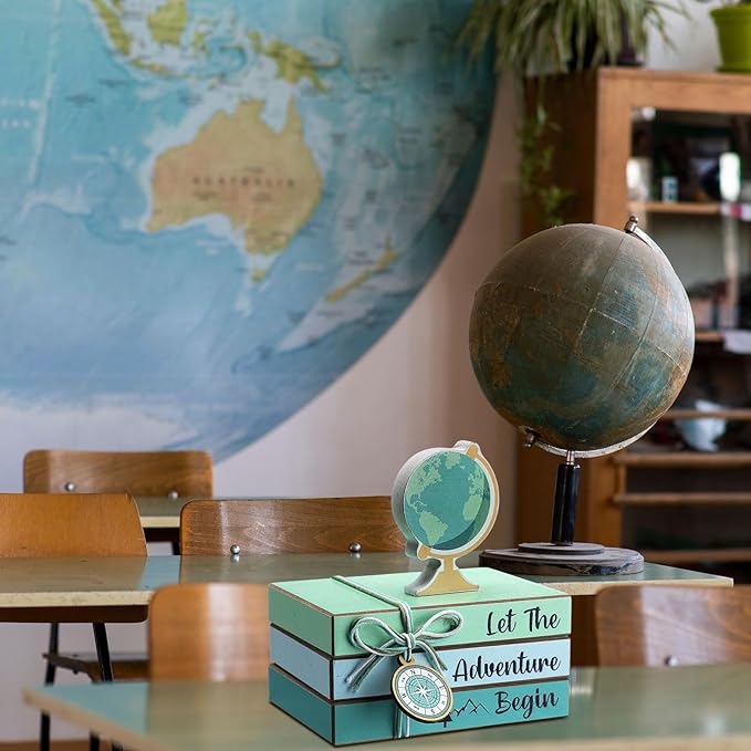 Pinkunn 4 Pieces Travel Themed Wooden Centerpieces Table Toppers Let The Adventure Begin Book Stacks Travel Around The World Bon Voyage for Desk Shelf Home Office Home Living Room