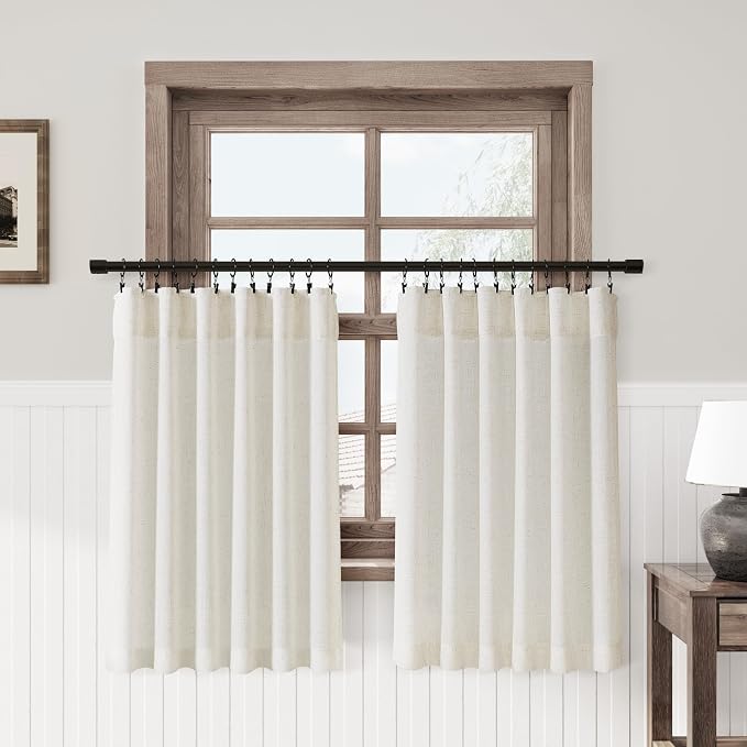 Nanspring Linen Kitchen Curtains 24 Inch Length Short Flax Tiers for Small Windows Farmhouse Light Filtering Airy Curtain with Rod Pocket Back Tab Cream for Bedroom Living Room 2 Panels 38Wx24L