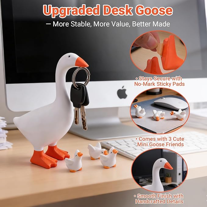 Desk Goose 7 Inch - Desktop Goose with 3 Mini Goose Statues Figurines, Magnetic Beak, Funny Desk Decor for Office and Home, Table Gift Idea for Women Friends Coworkers