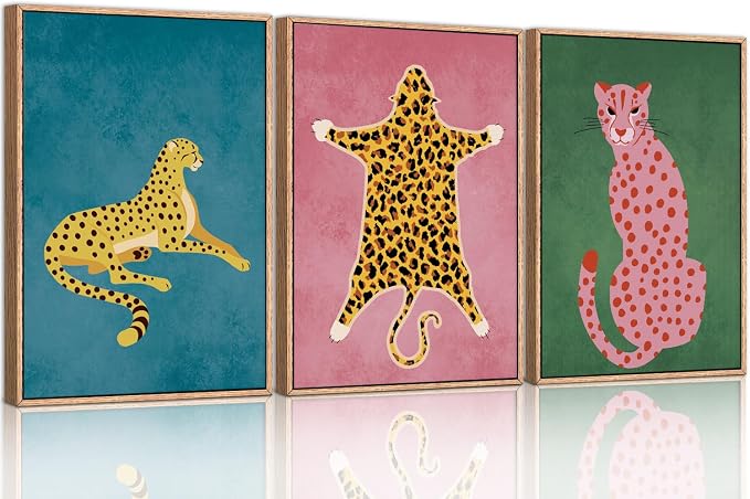 Ausril Cheetah Animals Framed Canvas Wall Art Set, Leopard Preppy Room Wall Decor, Modern Boho Cats Wall Painting, Pink Dot Cartoon Art Print for Living Room Bedroom Dinning Room Office 24"x36"x3