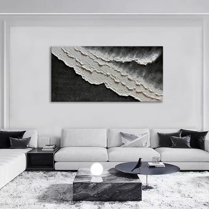 zoinart Hand Painted Large Textured Wall Art, 60x30 Inches Abstract Modern Ocean Wave Paintings, Black and White Beach Wall Art for Living Room Bedroom Wall Decor