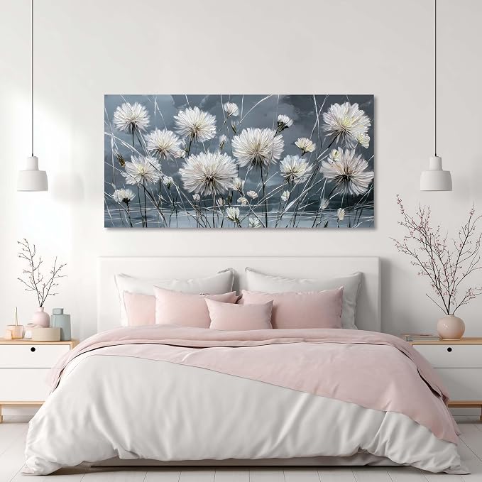Ggaafet White Dandelion Wall Art for Living Room Canvas Oil Painting Prints Beautiful Flower Floral Blooming Art Deco Modern Artwork Office Bedroom Family Dining Room Decor Large