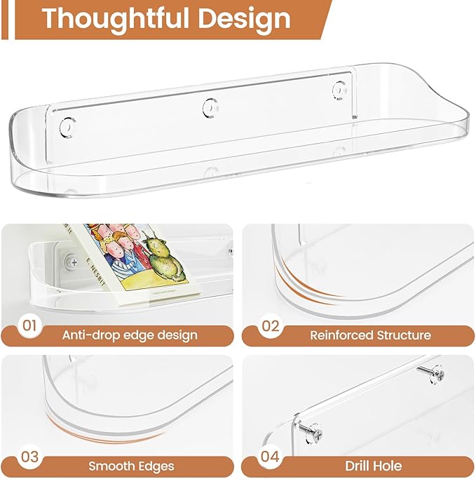 SpaceWhisper Floating Shelves for Wall, 8-Pack 15" Wall Shelves for Bathroom, Bedroom, Kitchen, Living Room, Display Hanging Shelf Organizer for Book, Picture Ledge, Figure Storage, Room Decor (Clear)