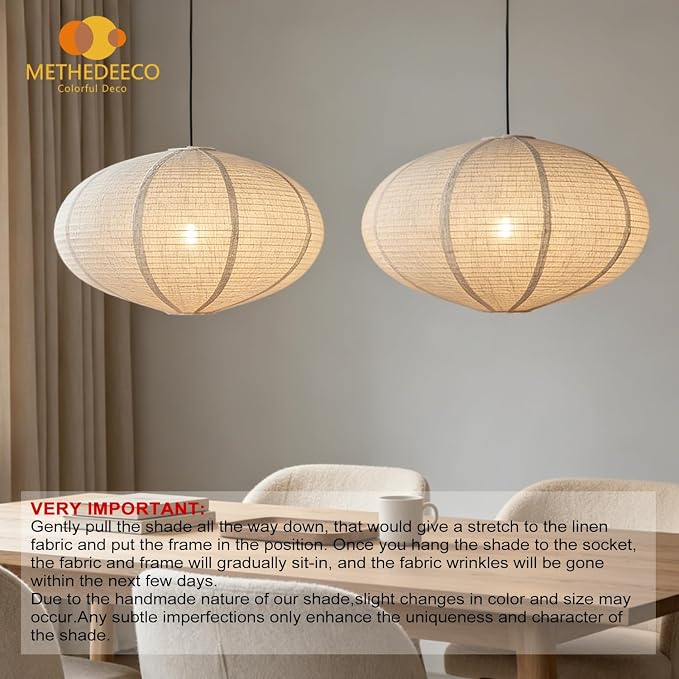 METHEDEECO 2 Pack Oval Hanging Lamp Shades, 20 Inch Faux Linen Fabric Pendant Light Covers, Foldable lantern shades Only, Nature Beige Minimalist Decor for Living Room Bedroom Dining Room