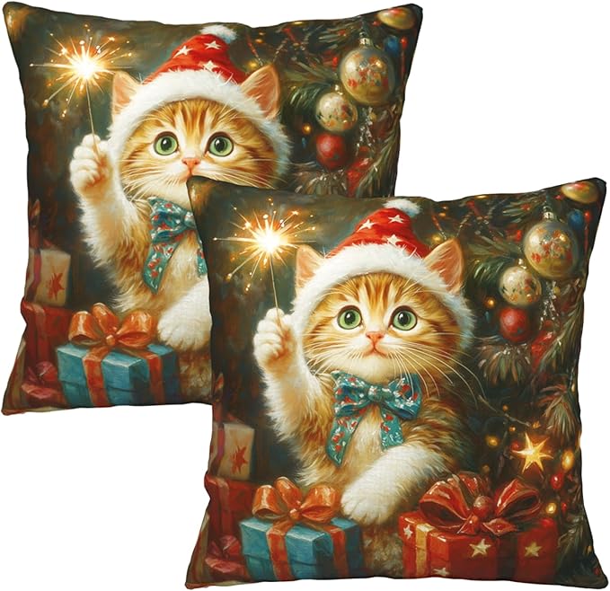 Christmas Pillow Covers 20x20 Set of 2 Adorable Cat Xmas Throw Pillow Covers Lovely Kitten Holding Sparklers Pillowcase Cotton Linen Cushion Case for Holiday Decor Sofa Couch
