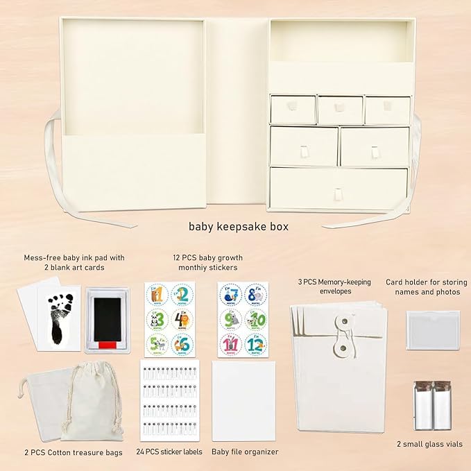 Baby Keepsake Box,Newborn Keepsake Box,Large Baby Memory Box with 8 Additional Items for Baby Shower,Pregnancy, Mother’s Day（beige）