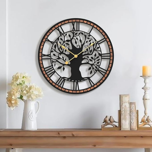 Micasso Wall Clocks Battery Operated: 15Inch Farmhouse Tree of Life Metal with Wood Frame - Rustic Roman Numerals Clock for Living Room/Office/Bedroom/Kitchen - Home Decor for Fashion-Conscious