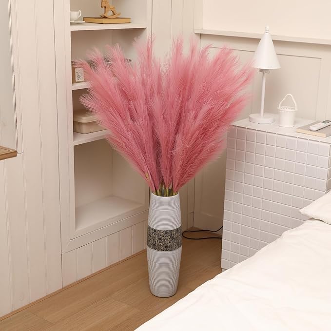 Wertuirk Dark Pink Pampas Grass, 8 Pcs 45 Inch Tall Large Faux Pompous Grass, Long Artificial Flowers for Floor Vases, Wedding Centerpieces, Baby Shower and Home Decoration (Dark Pink)