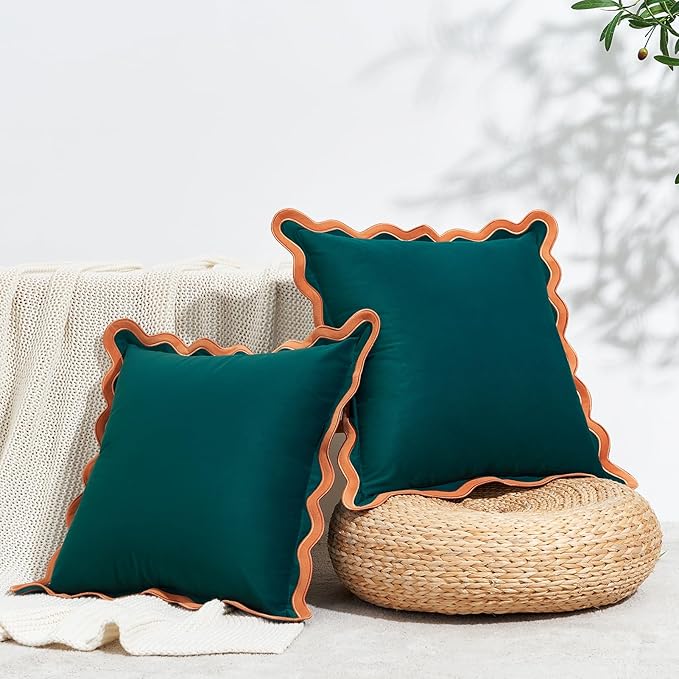 MONDAY MOOSE Decorative Throw Pillow Covers Cushion Cases, Set of 2 Soft Velvet Scalloped Wavy Edge Designs, Mix and Match for Home Decor, Pillow Inserts Not Included (18x18 inch, Coral/Dark Teal)