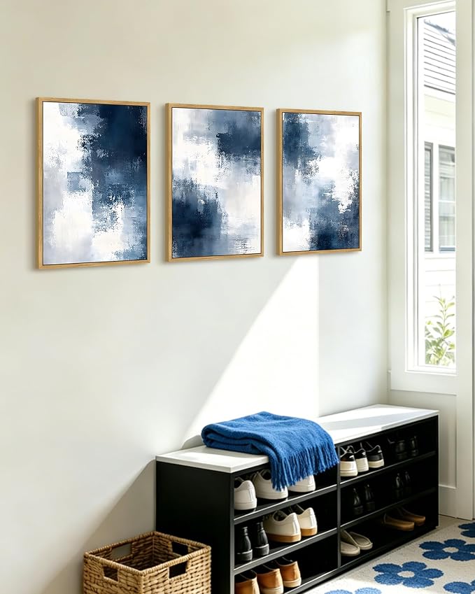 PHOPAGO Navy Blue and Gray Abstract Framed Wall Art Brush Strokes Pastel Wall Decor Modern Minimalist Art Paints for Bedroom Laundry Living Room - 12x16in Natural Framed