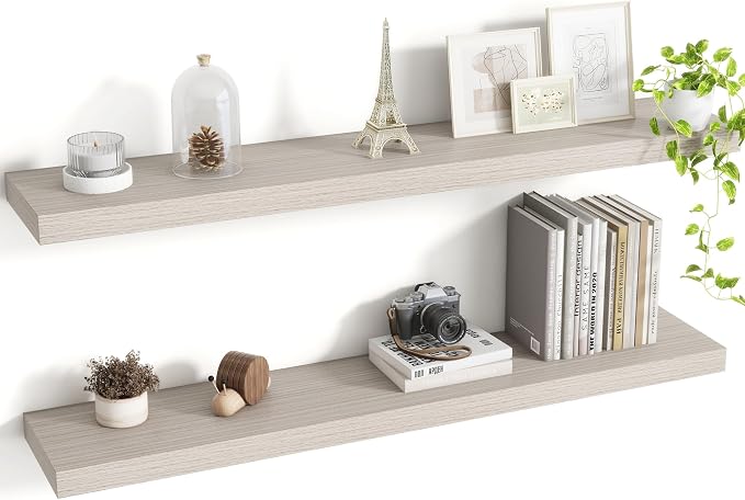 Acovy 40 Inch Floating Shelves, 8 Inch Deep Floating Shelves for Wall, Hanging Shelf with Invisible Brackets, Deep Shelves for Bathroom, Bedroom, Living Room, Grey, Set of 2