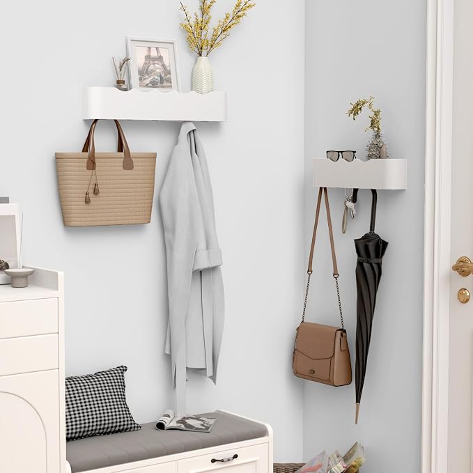 Coat Rack Wall Mount with Hidden Hooks, Wall Hooks with Shelf, Wall Key Holder Mount Wooden Shelf Entryway Hooks for Bedroom Bathroom for Hanging Coats Hats Bags Towels (White Wave-Shape, 5 Hooks)