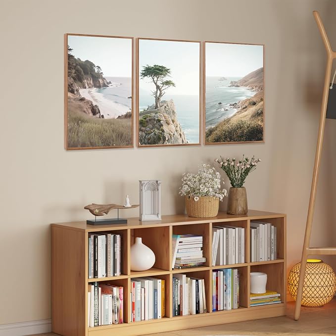 LHIUEM Coastal Seascape Framed Canvas Wall Art,Modern Beach Wall Decor,Neutral Pine Tree Painting,Natural Ocean Artwork for Living Room,Bedroom,Dining Room -16"x24"x3
