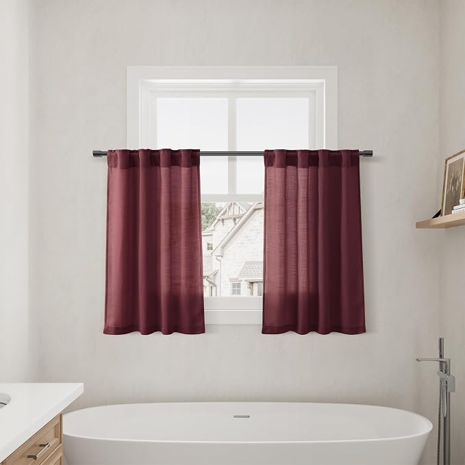 Nanspring Burgundy Linen Cafe Curtains Linen Kitchen Curtain 24 Inch Length 2 Panels Semi Light Filtering Short Tier Drape with Back Tab Rod Pocket for Small Windows Cafe Bathroom Over Sink 26Wx24L