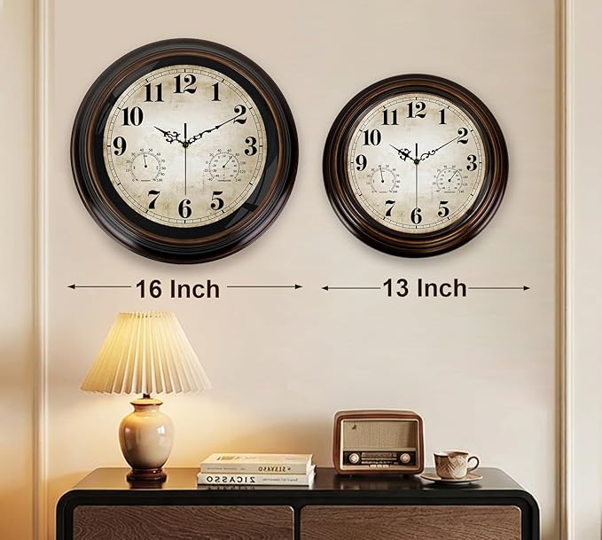 Vintage Wall Clock 16 Inch Quartz Silent Non-Ticking Analog Clock with Thermometer and Hygrometer, Battery Operated Rustic Round Decorative Clock for Living Room Kitchen Home Office