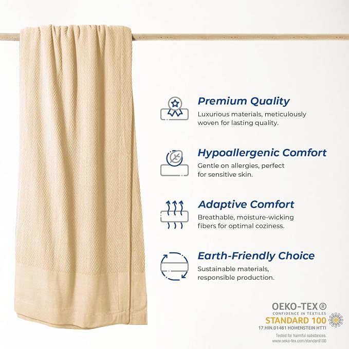 THREAD SPREAD Organic GOTS Cotton Blanket, Full/Queen - 350 GSM, Antistatic, Fuzzy Soft, Lightweight, Sofa, Camping & Travel, Perfect Herringbone All Seasons Throw, Beige + Trendy Tote Bag