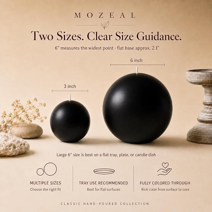 MOZEAL Hand-Poured, 3 Inch Black Round Ball Candles - Elegant Black Round Pillar Candles Set of 3, Dripless, Unscented, Smokeless, Ideal for Halloween Decor.