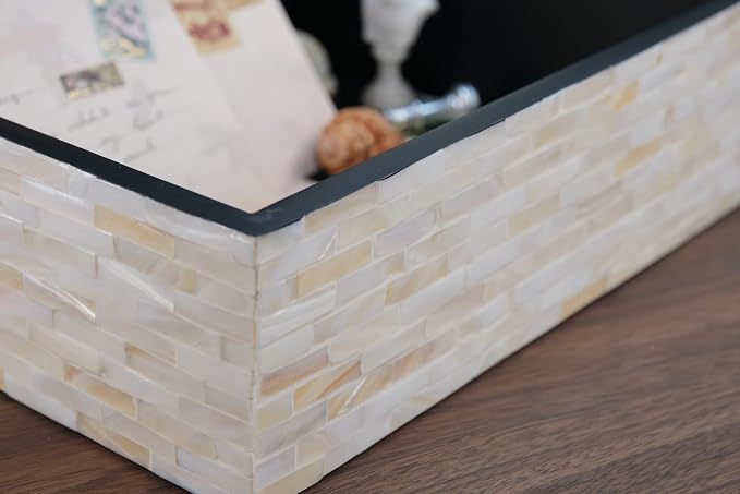 PEMAR Set of 2 Handmade Mother of Pearl Decorative Boxes with Hinged Lids, Ivory Shell Mosaic Keepsake Boxes, White Decorative Boxes for Coffee Table, Shelves, Bedroom & Home Décor & Gifts