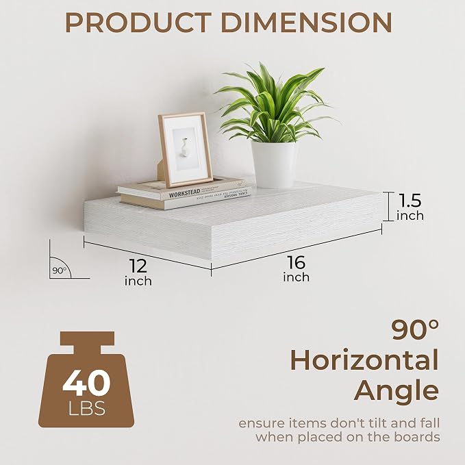 RICHFOCUS Deep Floating Shelves for Wall 2 Pack 12" D 16 Inch Wall Shelves for Room Wall|Wood Hanging Shelf with Invisible Brackets for Bathroom Bedroom Kitchen Laundry Room, White