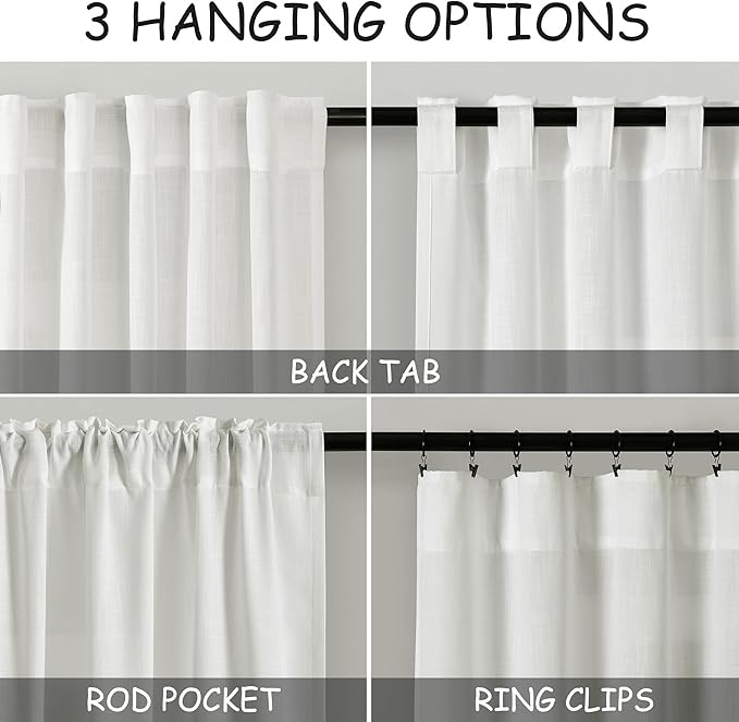 Nanspring Linen Curtains 84 Inch Length 2 Panels Set,Ivory - Back Tab Pocket Flax Linen Cotton Textured Curtains for Living Room Dining Room Cream White Natural Light Filtering Window Drapes 52X84
