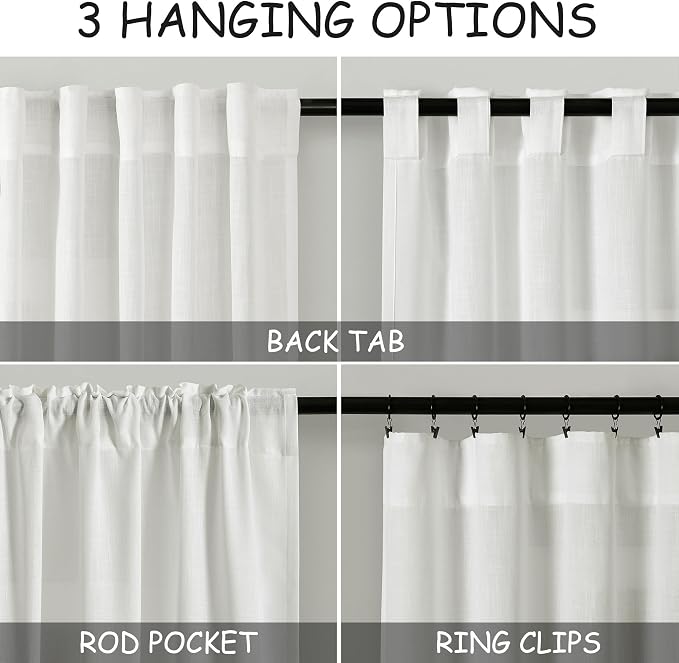 Nanspring Linen Curtains 84 Inch Length 2 Panels Set,Ivory - Back Tab Pocket Flax Linen Cotton Textured Curtains for Living Room Dining Room Cream White Natural Light Filtering Window Drapes 52X84