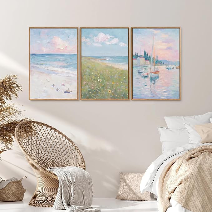 Rantodecor Impressionist Framed Canvas Wall Art, Vintage Italy Coastal Sailboat Wall Decor, Light Blue and White Posters Art Prints, Pastel Beach House Artwork for Bedroom Living Room Office 16"x24"x3