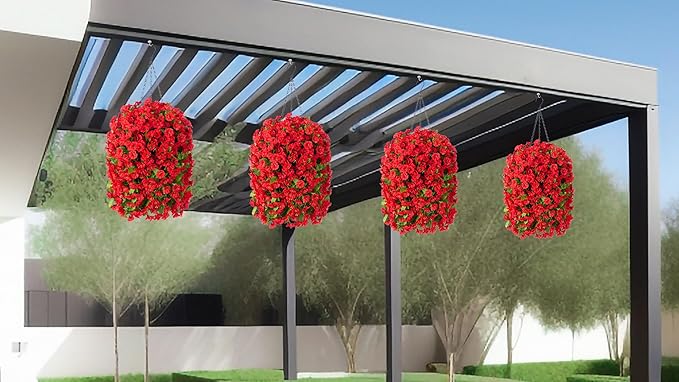 Ammyoo Artificial Faux Hanging Flowers Basket for Spring Summer Outdoor Outside Porch Decoration, Fake Silk Colorful Morning Glory Eucalyptus UV Resistant Look Real for Home Patio Balcony Yard(Red)