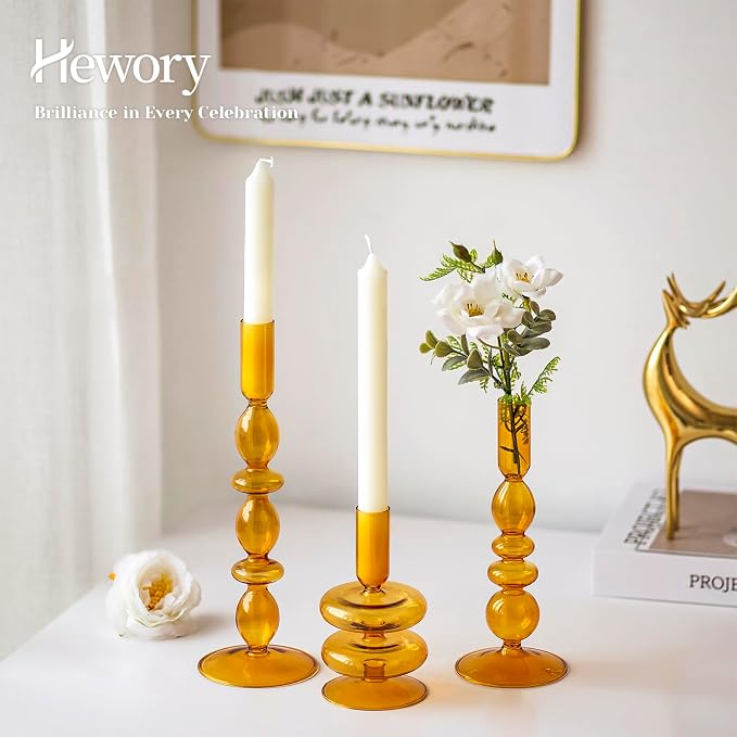Hewory Glass Candlestick Holders: Light Amber Glass Taper Candle Holders Set of 3 Vintage Candle Stick Candle Holder, Colorful Glass Candle Holder for Table Centerpiece Wedding Dinner Party Home Decor
