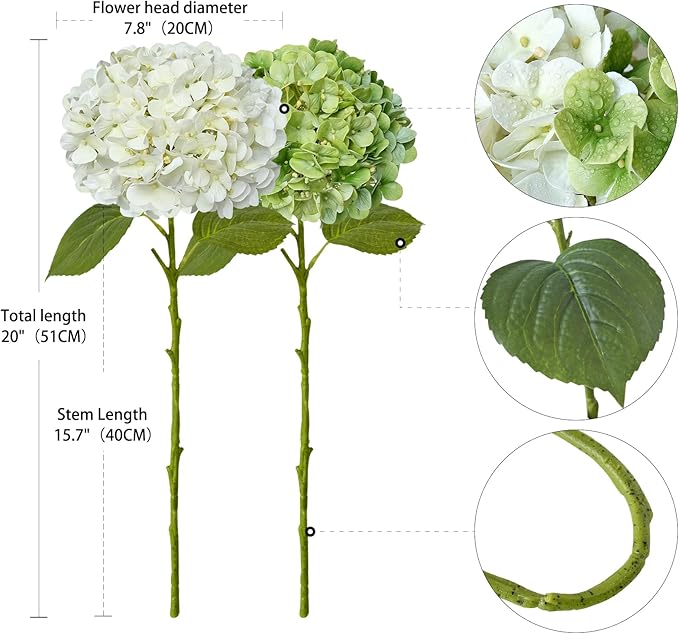 ZYTUYO 2PCS White & 2PCS Green Fake Hydrangea Real Touch 20" Latex Artificial Hydrangea Flowers with Long Stems for Outdoor Indoor Spring Home Decor Porch Party Wedding Xmas Floral Arrangements