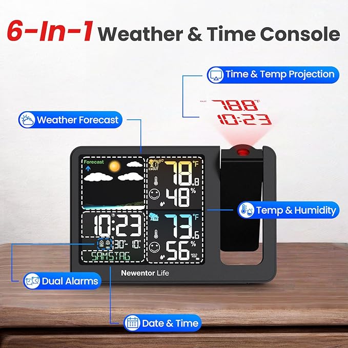 Newentor Projection Alarm Clock, Projection Clock for Bedroom Ceiling, Weather Station Thermometer with Projector Indoor Outdoor TEM&Hum, Forecast, Adjustable Backlight,MatteBlack with Red Projector