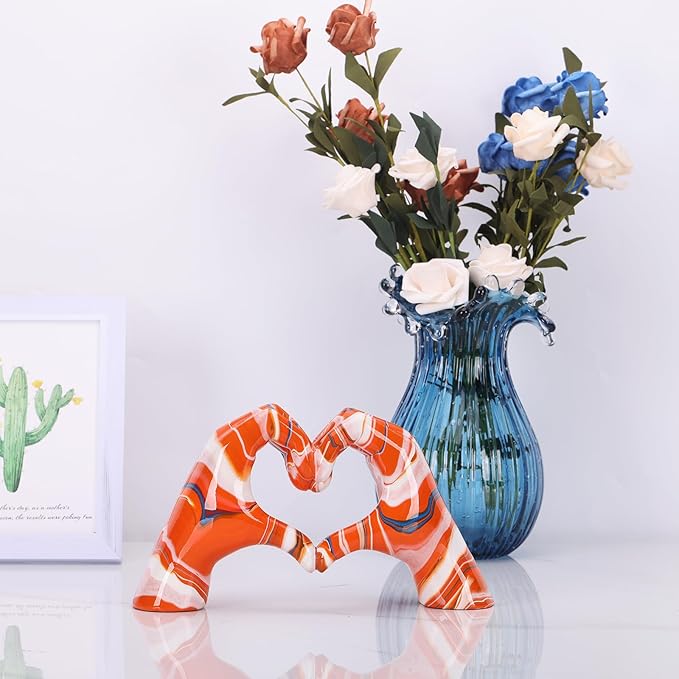 DOVDOV Colourful Hand Heart Decoration, Hand and Heart Statue, Love Finger Sculpture Wedding Decoration, Orange Resin, Modern, Tabletop, 9.8"L x 3.1"W x 5.9"H