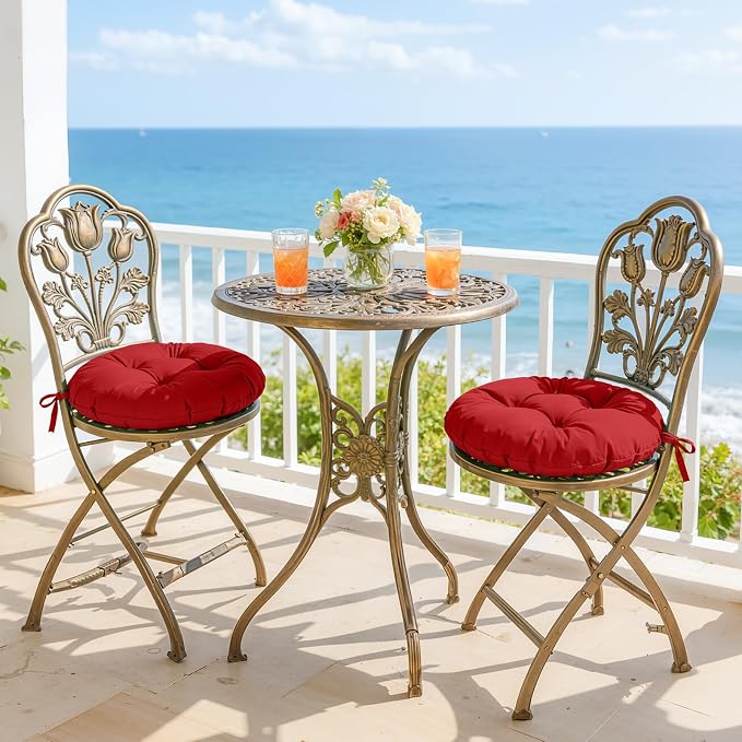 idee-home Outdoor Bistro Chair Cushions Set of 2, Round Seat Cushions | 15”x15”x 4” Thick Outdoor Round Seat Pads Tufted with Ties, Waterproof Patio Furniture Pads for Garden