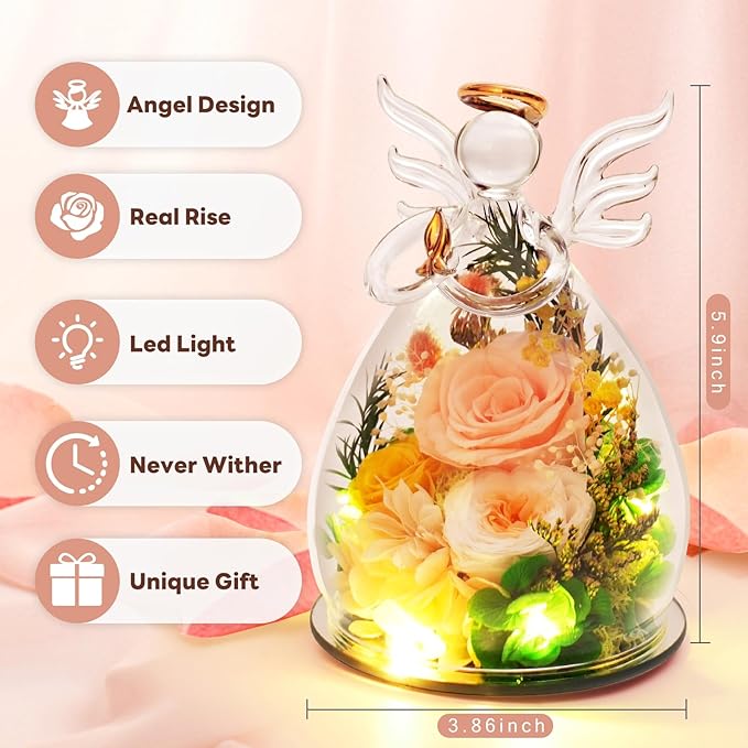 for Mom - Preserved Rose Forever Flower in Glass Angel Figurines, Real Rose Birthday Gifts for Women Grandma Wife, Anniversary Fresh Flower Delivery from Daughter Son