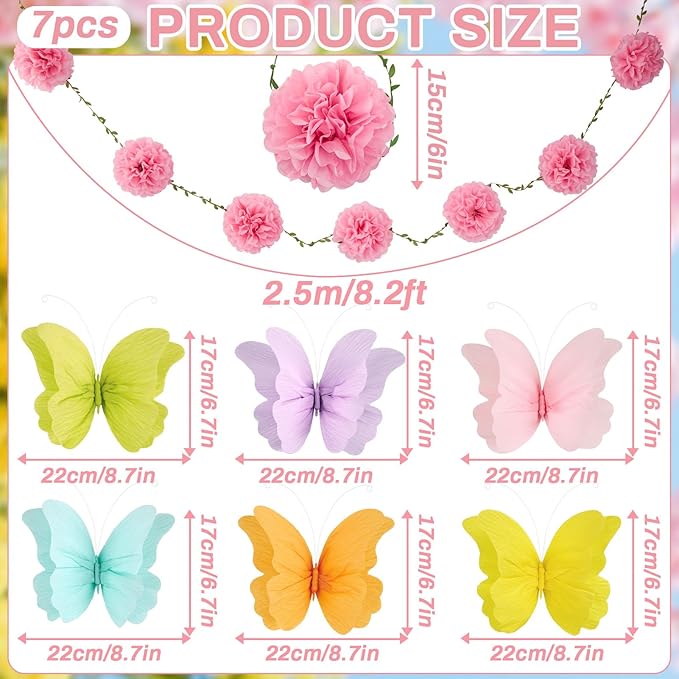 OBBOLO 3D Hanging Butterfly Decorations, Colorful Butterfly Birthday Party Decorations with Tissue Pompom Garland, 6 Pcs Paper Hanging Decorations for Girls, Women, Flower Garden Party Décor