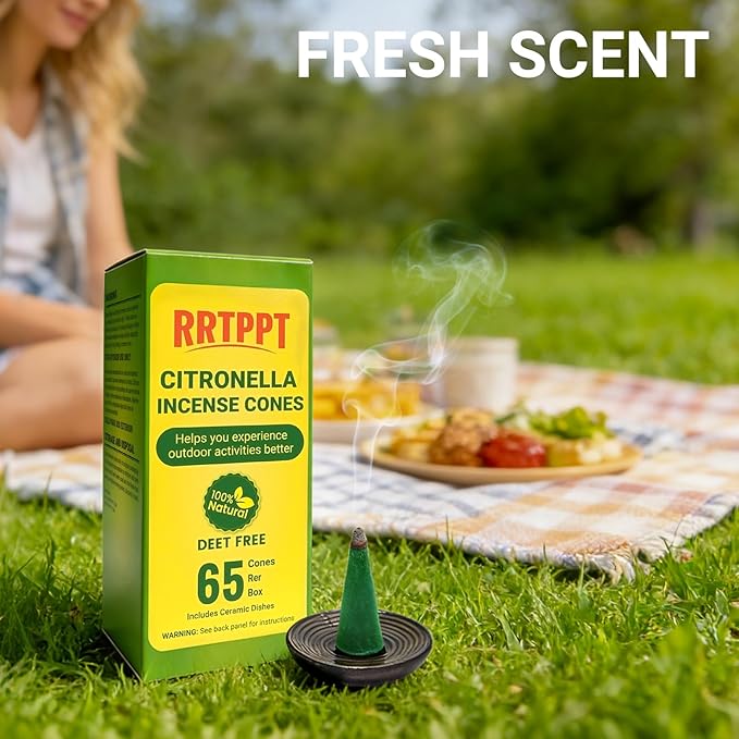Citronella Incense Cones with 2 Ceramic Dishes | Made with Plant-Based Ingredients | Citronella | Lemongrass Oil | Rosemary Oil | Suitable for Indoor and Outdoor Use (65 Cones)