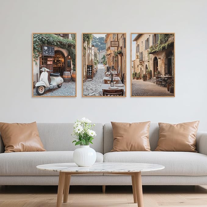 SIKERIC Vintage Italy City Landscape Wall Art Set of 3, Modern Minimalist Europe Street Framed Canvas Art Prints, Country Farmhouse Wall Decor for Living Room, Bedroom, Office - 16 x24inch