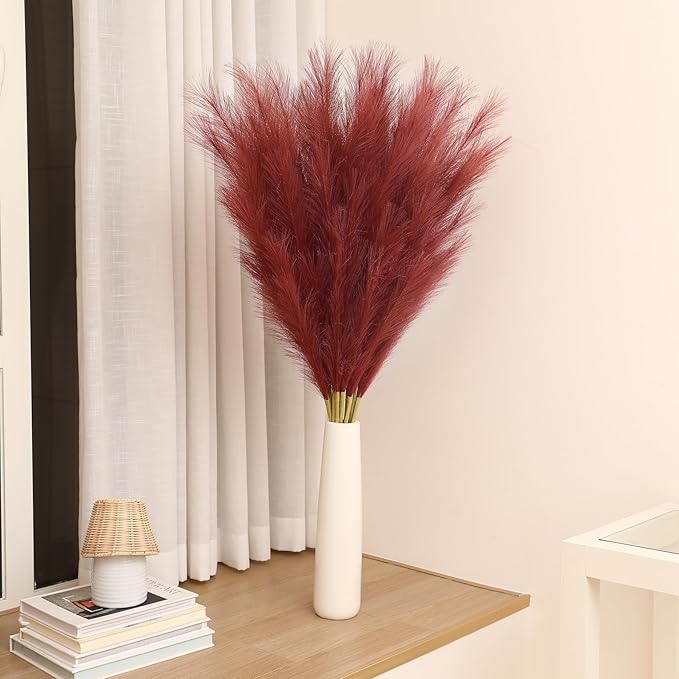 Wertuirk Burgundy Pampas Grass Decor, 8 Pcs 45 Inch Tall Large Faux Pompous Grass, Long Artificial Flowers for Floor Vases, Wedding Centerpieces, Baby Shower and Home Decoration (Burgundy)